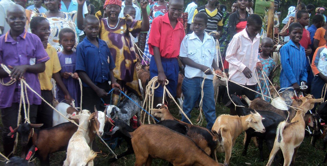 Children and Parents receiving goats